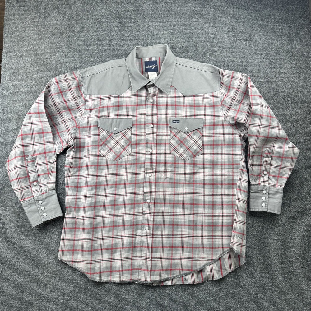 Wrangler Shirt Mens 2XL Gray Red Plaid Brushpopper Western Pearl Snap‎ Cowboy